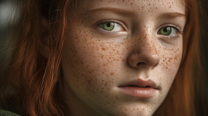 Close up portrait of a young woman with red hair and freckles looking directly at the camera lens