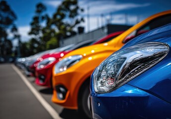 Colorful row of parked cars under a blue sky highlighting their vibrant paint and sleek design.