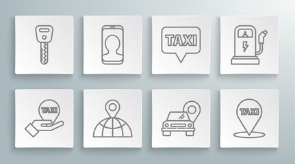 Set line Hand on map pointer with taxi, Taxi call telephone service, Location the globe, Map, Electric car charging station and Car key icon. Vector