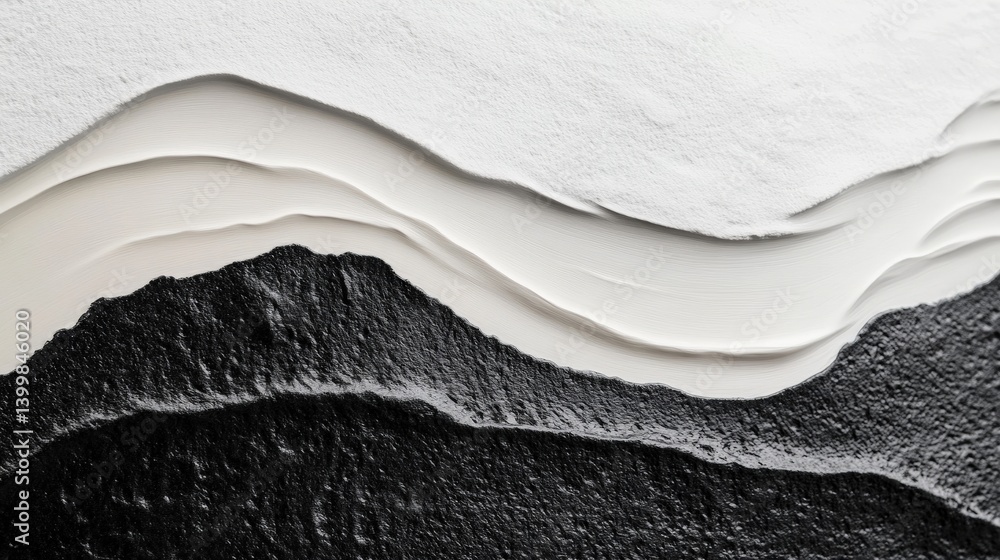 Poster abstract texture of layered black and white paint, creating a wave-like pattern that adds depth and 