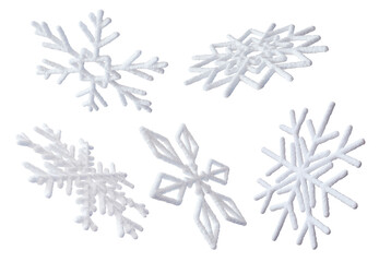 3D snowflakes collection, isolated on transparent background, perfect for winter themed projects or...
