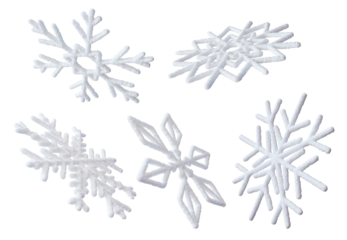 3D snowflakes collection, isolated on transparent background, perfect for winter themed projects or decorations. Realistic, white three dimensional snow flake shape.