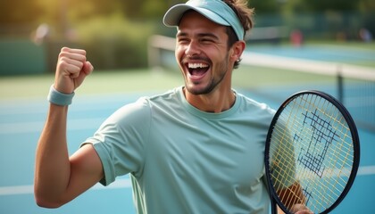 A young man with a beaming smile raises his fist in triumph, holding a tennis racket against a vibrant blue court backdrop. His enthusiasm radiates the joy of achievement, capturing the essence of