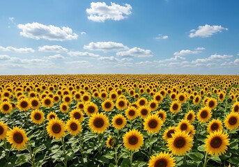 Fototapeta premium Vibrant Sunflower Field Blooming Under a Bright Blue Sky with Clouds