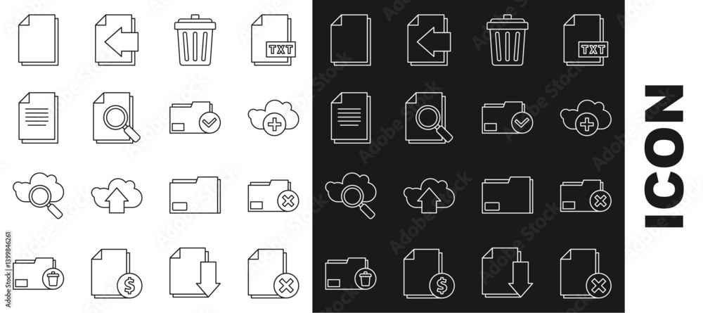Poster set line delete file document, folder, add cloud, trash can, document with search, and and check mar