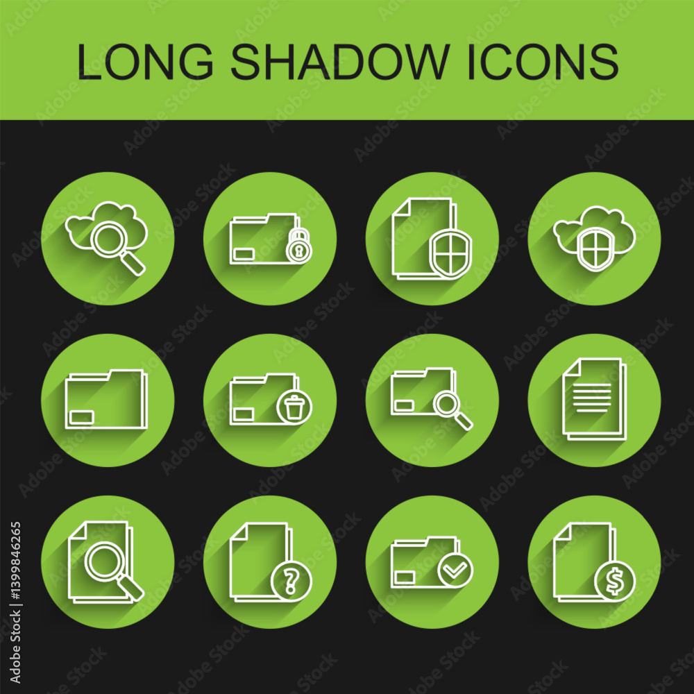 Poster set line document with search, unknown document, search cloud computing, folder and check mark, fina