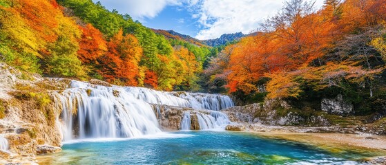 Autumn Waterfall Landscape Cascading water, vibrant fall foliage, mountain backdrop
