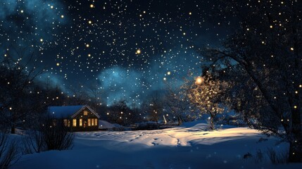A small lit cabin nestled in a snowy landscape under starry night