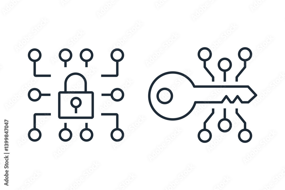 Aufkleber electronic lock and key.web protect symbol. cyber security. vector linear icons set isolated on whit
