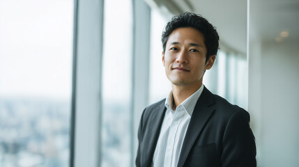 Confident Asian Businessman Smiling Gently in Front of Window
