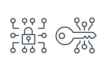 Electronic lock and key.Web protect symbol. Cyber Security.  Vector linear icons set isolated on white background.