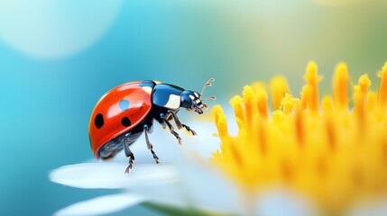 Obraz premium Ladybug on a flower. Close-up view of a ladybug on a white flower with a yellow center. Vibrant colors, soft focus background.