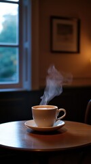 Steaming Coffee Cup on Wooden Table near Window in Cozy Room Aromatic Beverage Warm Drink Relaxation