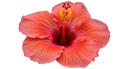 Obraz premium Coral Hibiscus Blossom: Delicate Petals Against Pure White AI Generated