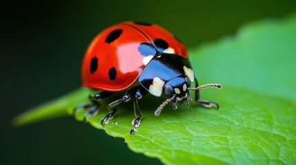 Fototapeta premium Ladybug on a vibrant green leaf, close-up, in natural light.