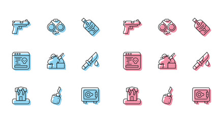 Set line Arson home, Lighter, Pistol or gun, Safe, Murder, Bloody knife, System bug and Handcuffs icon. Vector