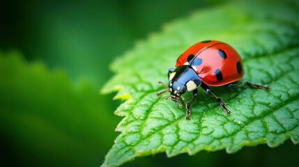 Ladybug on a vibrant green leaf.