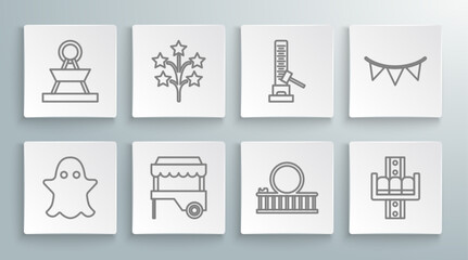 Obraz premium Set line Ghost, Fireworks, Fast street food cart with awning, Roller coaster, Attraction carousel, High striker attraction big hammer, Carnival garland flags and icon. Vector