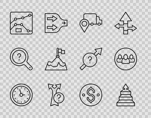 Fototapeta premium Set line Clock, Pyramid chart infographics, Delivery tracking, Arrow, Graph, chart, diagram, Mountains with flag, Dollar symbol and Project team base icon. Vector