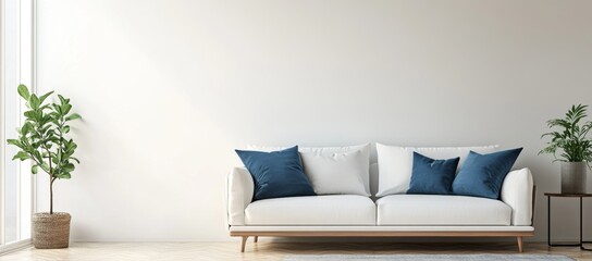 Minimalist Living Room with White Sofa and Blue Pillows