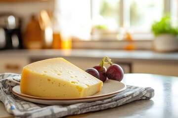 A wedge of cheese with two grapes on plate