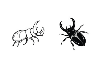 Vector Illustration Of Beetles In Black And White Outlines On A White Background