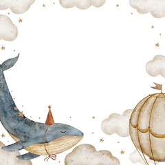 Watercolor frame blue whale in a party cap, hot air balloon flies in beige clouds. Illustration in vintage style. Template square for invitation to a children's party, baby's birthday, postcard poster