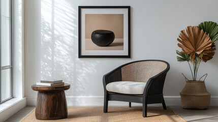 A stylish chair with a woven design sits next to a wooden table, surrounded by a decorative plant and a minimalist artwork on the wall in a bright room filled with natural light
