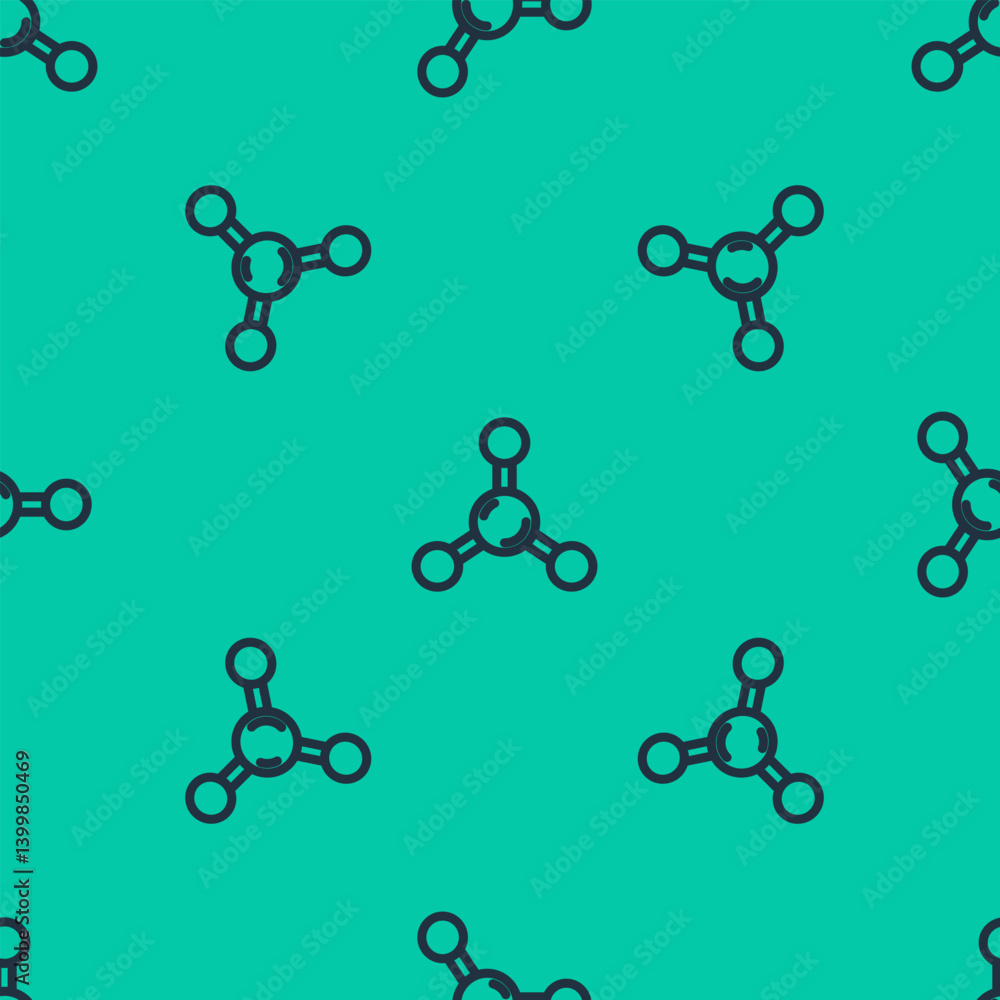 Poster blue line molecule icon isolated seamless pattern on green background. structure of molecules in che
