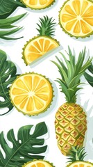 Vibrant pineapple and tropical leaf pattern on white backdrop creating a fresh summer feel for textile design and digital paper art
