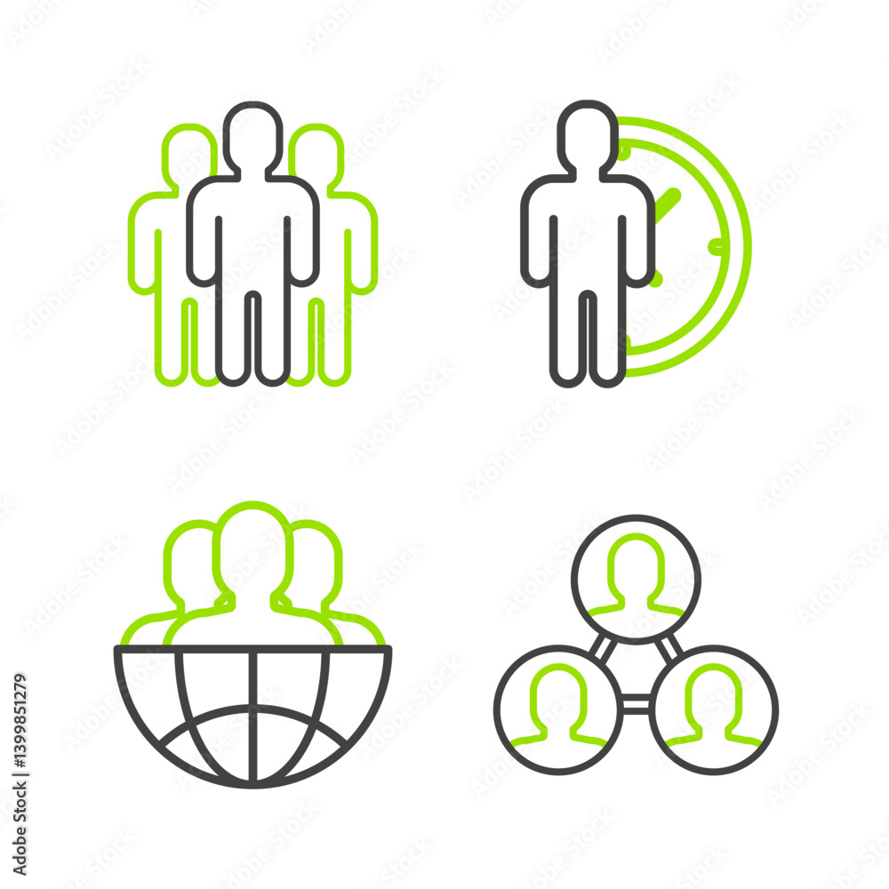 Poster set line project team base, globe and people, time management and users group icon. vector