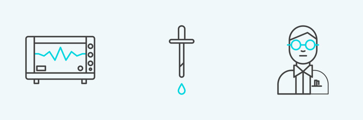 Set line Scientist, Computer monitor with cardiogram and Pipette icon. Vector