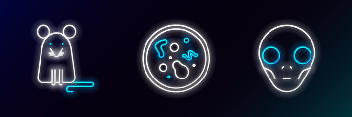 Set line Extraterrestrial alien face, Rat and Bacteria icon. Glowing neon. Vector