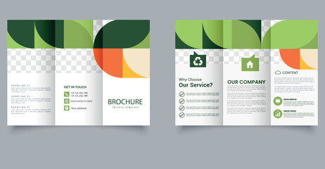 Modern Green Trifold Brochure Template for Business or Eco Company. Marketing Layout. Editable image.
