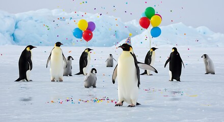 Emperor Penguin Birthday Celebration: Antarctic Icecape Festivities AI Generated