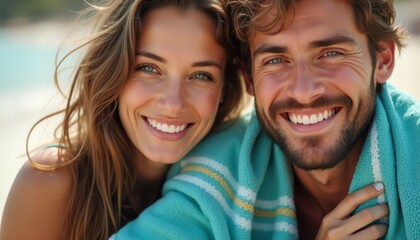 Obraz premium A radiant couple beams with happiness as they pose together on a sunlit beach, wrapped in a soft turquoise towel. Their genuine smiles and sparkling eyes reflect the warmth of the sun and the joy of
