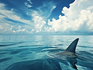 Fototapeta premium Shark fin slicing through turquoise ocean waters under a vast sky with fluffy clouds nature adventure