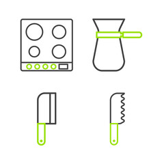 Set line Bread knife, Meat chopper, Coffee turk and Gas stove icon. Vector