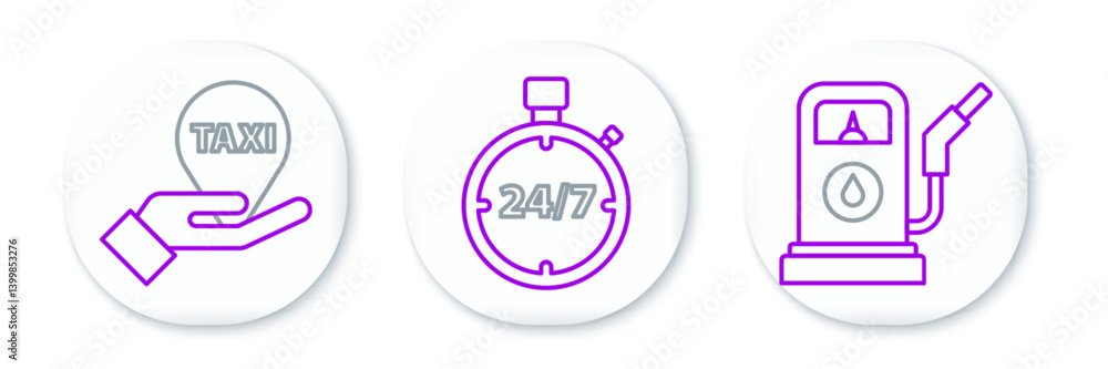 Poster set line petrol or gas station, hand map pointer with taxi and stopwatch 24 hours icon. vector