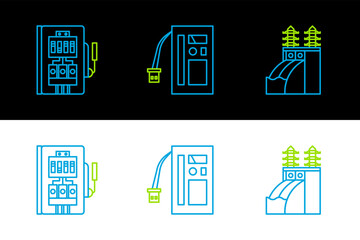 Set line Nuclear power plant, Electrical panel and Battery icon. Vector