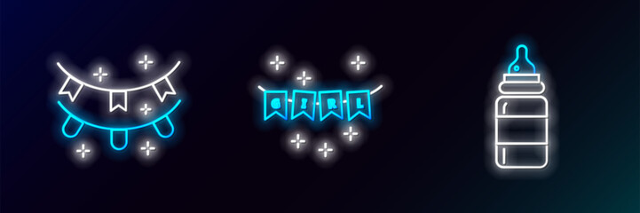 Set line Baby bottle, Carnival garland with flags and icon. Glowing neon. Vector