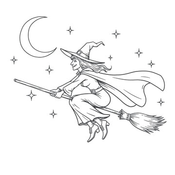 recommend clip art: Halloween Coloring Page Witch Flying on Broomstick with Pointy Hat and Flowing Cape