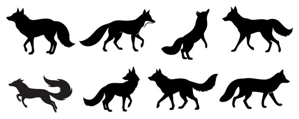 Naklejka premium Fox Silhouette Set Various Stances Walking Running Howling Animals Shapes Design