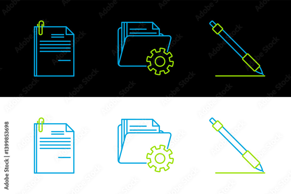 Poster set line pen line, file document and paper clip and folder settings with gears icon. vector