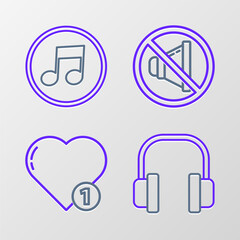 Fototapeta premium Set line Headphones, Like and heart, Speaker mute and Music note, tone icon. Vector
