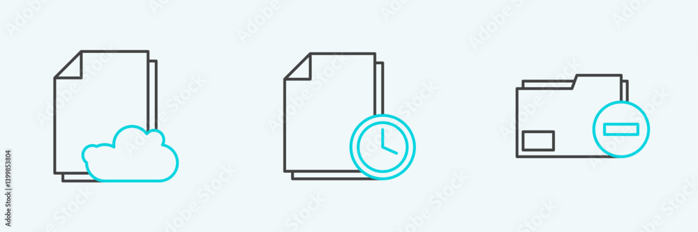 Poster set line document folder with minus, cloud storage text document and clock icon. vector