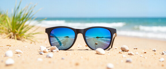 Sleek dog sunglasses on sandy beach with ocean view, carefree summer vibe