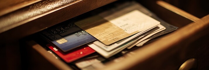 Hidden Finances Credit Cards in a Wooden Drawer