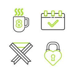 Set line Castle in the shape of a heart, Breast cancer awareness ribbon, Calendar with 8 March and Coffee cup icon. Vector