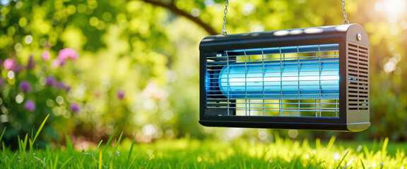 Modern bug zapper glowing in lush garden, pest control solution